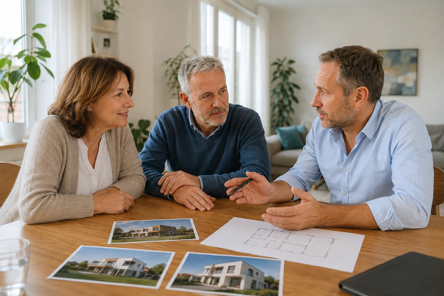 Zwei Eigentümer besprechen mit einem Immobilienberater mehrere Wohnimmobilien