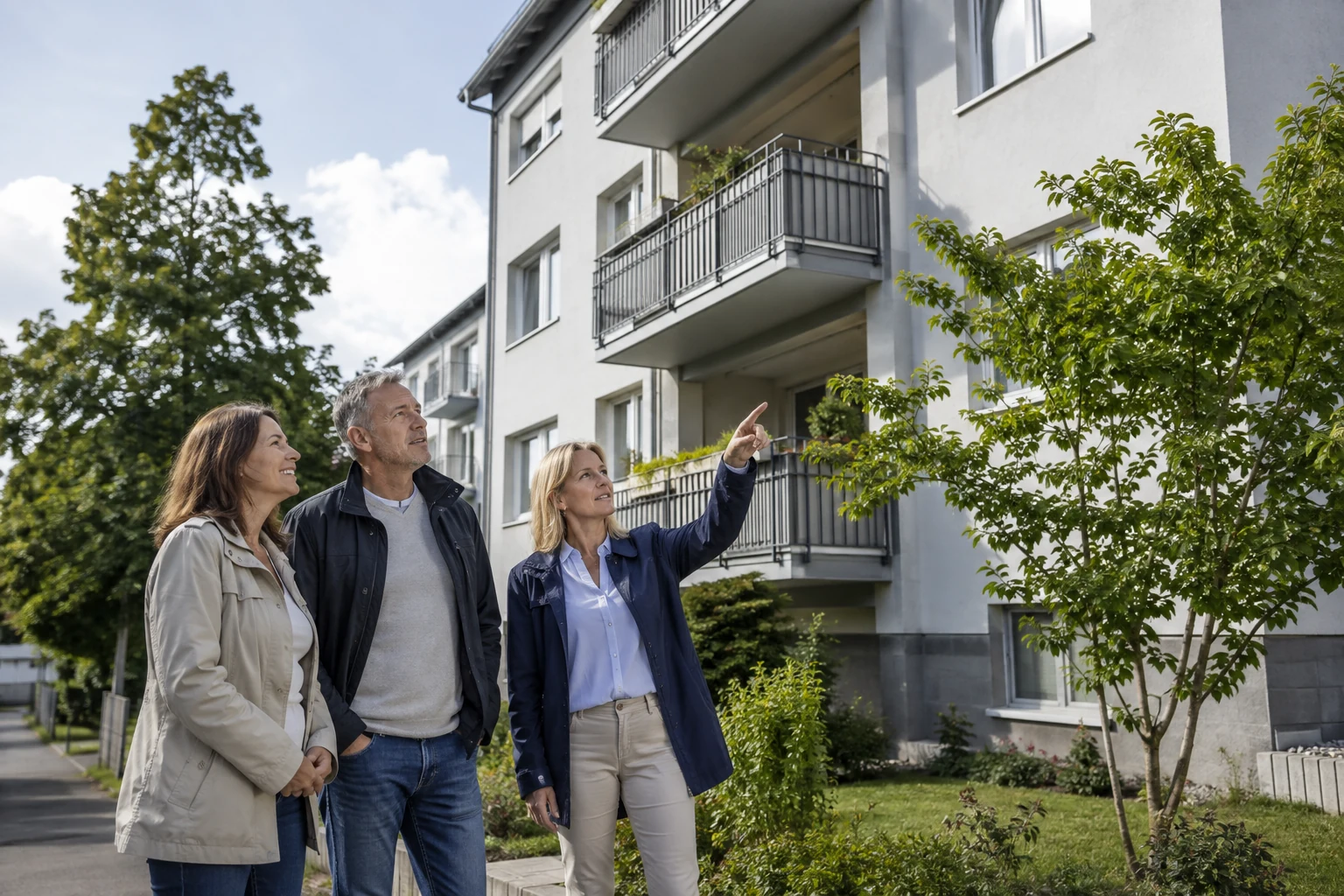 Kaufinteressenten besichtigen mit einem Berater ein kleines Mehrfamilienhaus