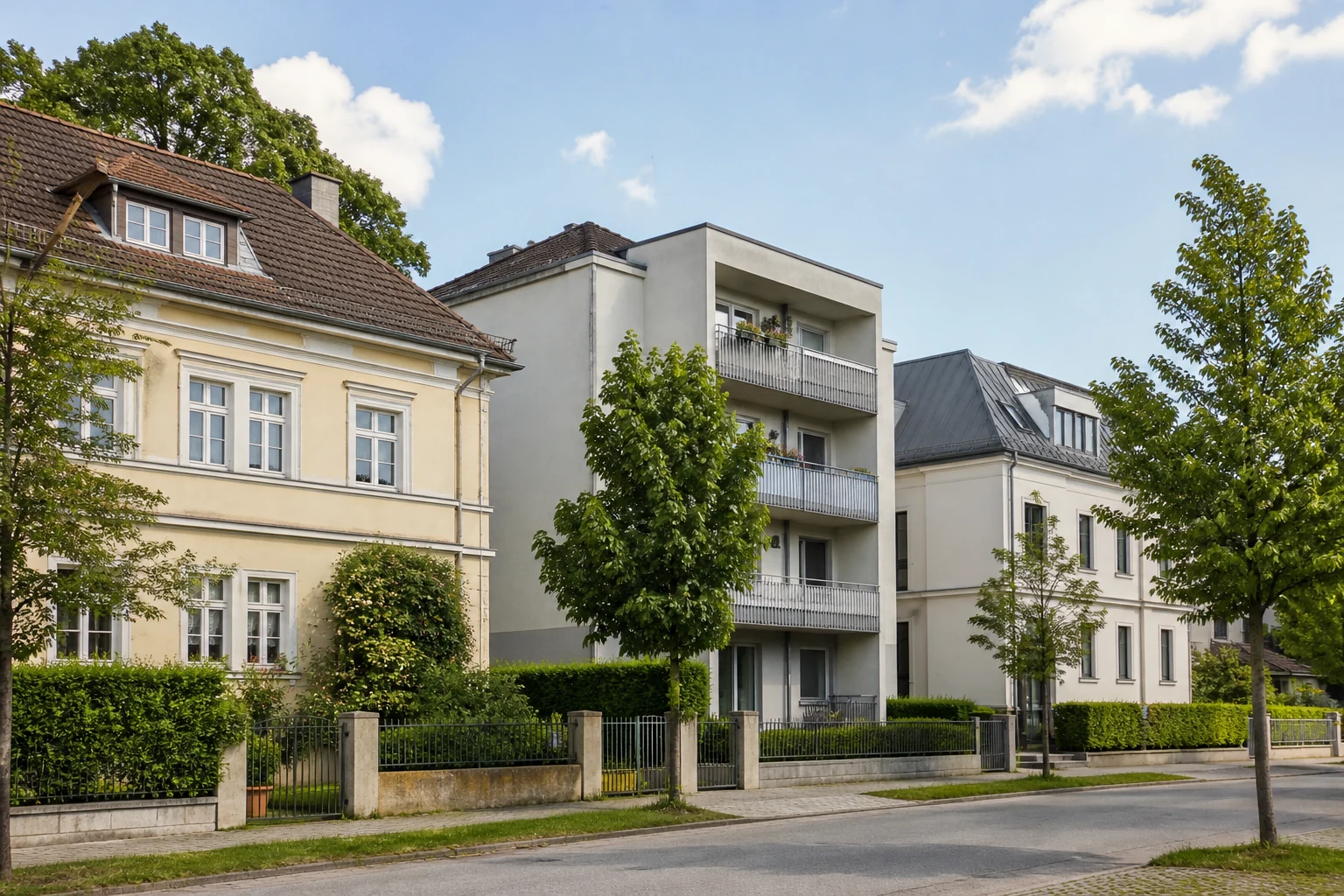 Mehrere kleinere Wohnhäuser in einer gewachsenen österreichischen Straße
